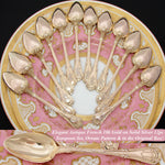 Elegant Antique French Vermeil Gold Plated Solid Silver 12pc Teaspoon Set, Gilt Embossed Box