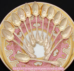 Elegant Antique French Vermeil Gold Plated Solid Silver 12pc Teaspoon Set, Gilt Embossed Box