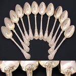 Elegant Antique French Vermeil Gold Plated Solid Silver 12pc Teaspoon Set, Gilt Embossed Box