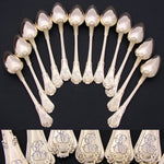 Elegant Antique French Vermeil Gold Plated Solid Silver 12pc Teaspoon Set, Gilt Embossed Box
