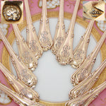 Elegant Antique French Vermeil Gold Plated Solid Silver 12pc Teaspoon Set, Gilt Embossed Box