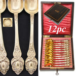 Elegant Antique French Vermeil Gold Plated Solid Silver 12pc Teaspoon Set, "Cafe" Inlaid Rosewood Box
