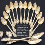 Elegant Antique French Vermeil Gold Plated Solid Silver 12pc Teaspoon Set, "Cafe" Inlaid Rosewood Box
