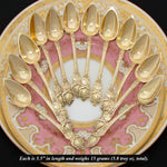 Elegant Antique French Vermeil Gold Plated Solid Silver 12pc Teaspoon Set, "Cafe" Inlaid Rosewood Box