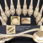 Elegant Antique French Vermeil Gold Plated Solid Silver 12pc Teaspoon Set, "Cafe" Inlaid Rosewood Box
