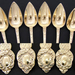 Elegant Antique French Vermeil Gold Plated Solid Silver 12pc Teaspoon Set, "Cafe" Inlaid Rosewood Box