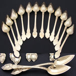 Elegant Antique French Vermeil Gold Plated Solid Silver 12pc Teaspoon Set, "Cafe" Inlaid Rosewood Box