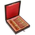 Elegant Antique French Vermeil Gold Plated Solid Silver 12pc Teaspoon Set, "Cafe" Inlaid Rosewood Box