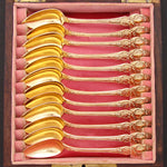 Elegant Antique French Vermeil Gold Plated Solid Silver 12pc Teaspoon Set, "Cafe" Inlaid Rosewood Box