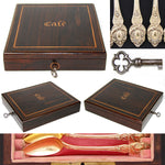 Elegant Antique French Vermeil Gold Plated Solid Silver 12pc Teaspoon Set, "Cafe" Inlaid Rosewood Box