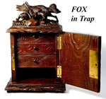 Delightful & Rare Antique Black Forest Carved 10" Chest, Cabinet, Box: Animalier Style FOX in Trap