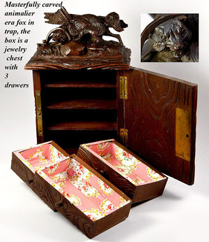 Delightful & Rare Antique Black Forest Carved 10" Chest, Cabinet, Box: Animalier Style FOX in Trap