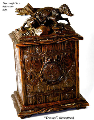 Delightful & Rare Antique Black Forest Carved 10" Chest, Cabinet, Box: Animalier Style FOX in Trap