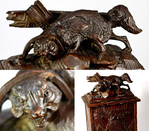 Delightful & Rare Antique Black Forest Carved 10" Chest, Cabinet, Box: Animalier Style FOX in Trap