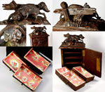 Delightful & Rare Antique Black Forest Carved 10" Chest, Cabinet, Box: Animalier Style FOX in Trap