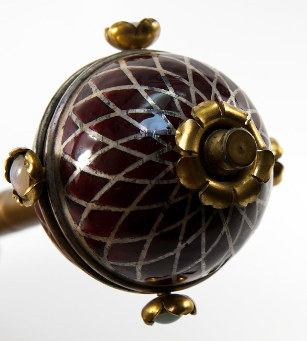 Antique French Holy Water Sprinkler Aspergillum or Scepter Kiln-fired Enamel Globe Jeweled Opal or Opaline