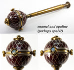 Antique French Holy Water Sprinkler Aspergillum or Scepter Kiln-fired Enamel Globe Jeweled Opal or Opaline