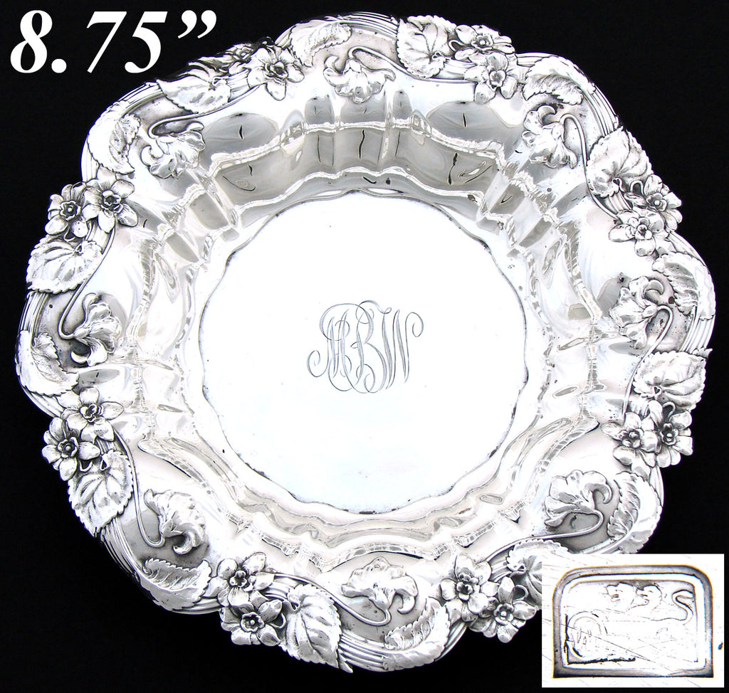 Gorgeous Antique Whiting Art Nouveau Sterling Silver 8.75" Bowl, "Violet" Pattern Floral Repousse