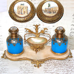 Fine Antique French Opaline Cologne Bottle Caddy, Eglomise Souvenir, Paris Vanity Stand