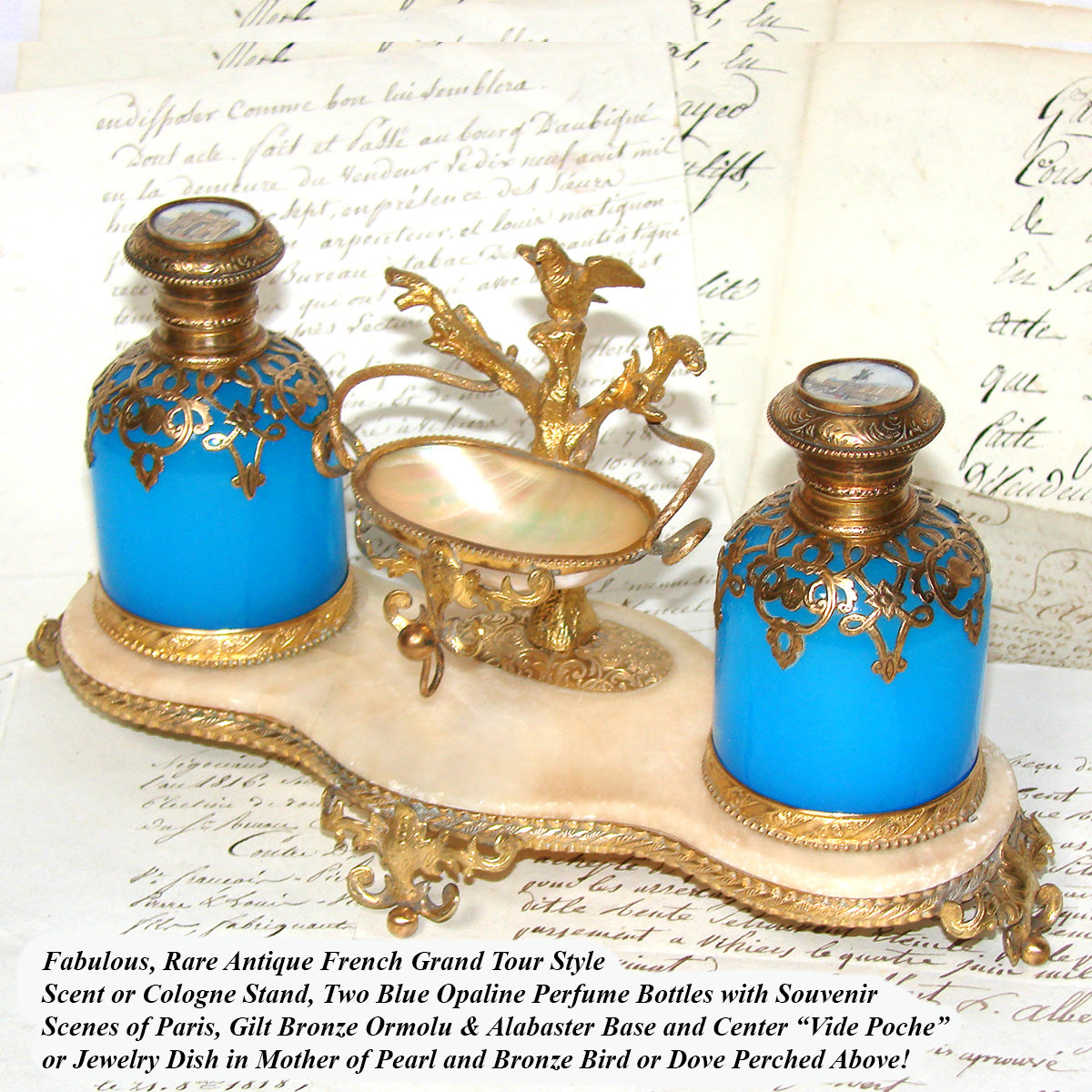 Fine Antique French Opaline Cologne Bottle Caddy, Eglomise Souvenir, Paris Vanity Stand