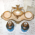 Fine Antique French Opaline Cologne Bottle Caddy, Eglomise Souvenir, Paris Vanity Stand