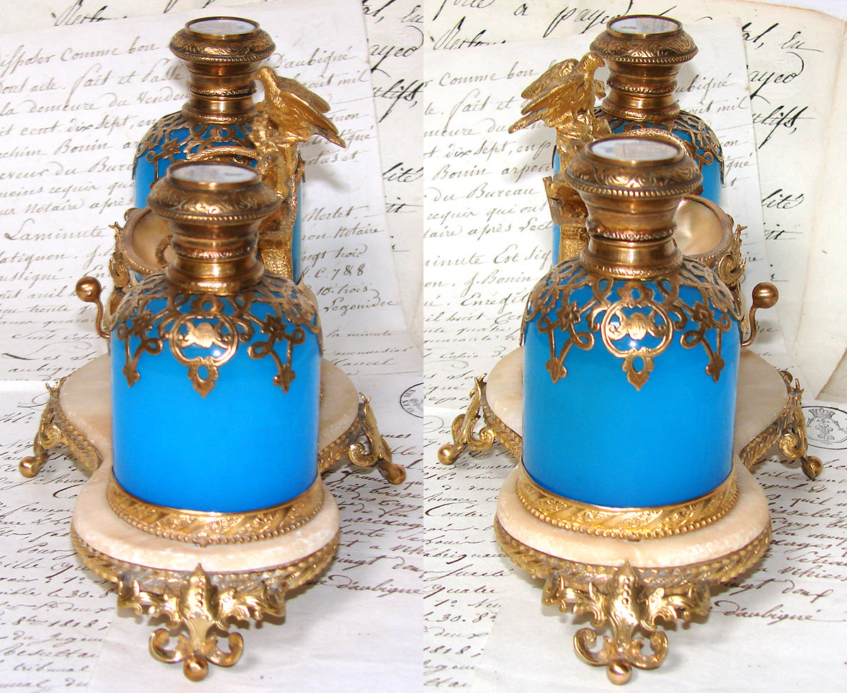 Fine Antique French Opaline Cologne Bottle Caddy, Eglomise Souvenir, Paris Vanity Stand