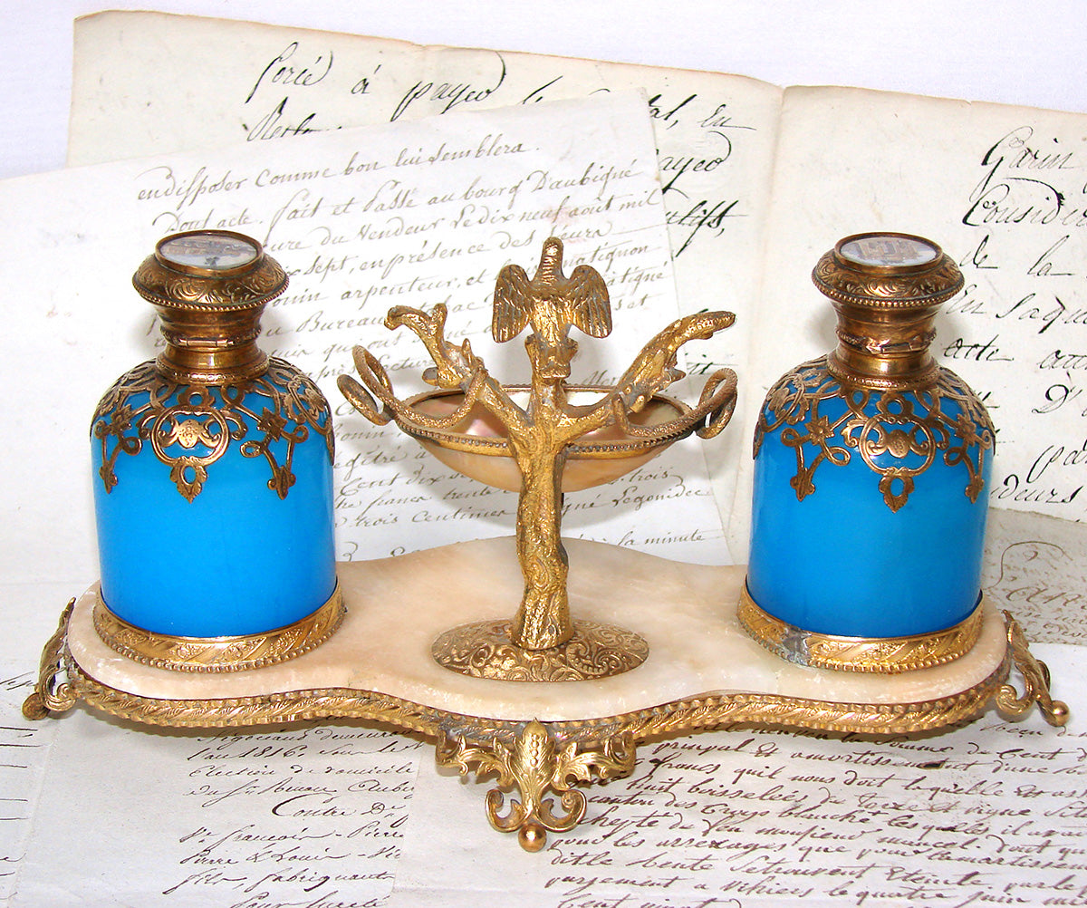 Fine Antique French Opaline Cologne Bottle Caddy, Eglomise Souvenir, Paris Vanity Stand