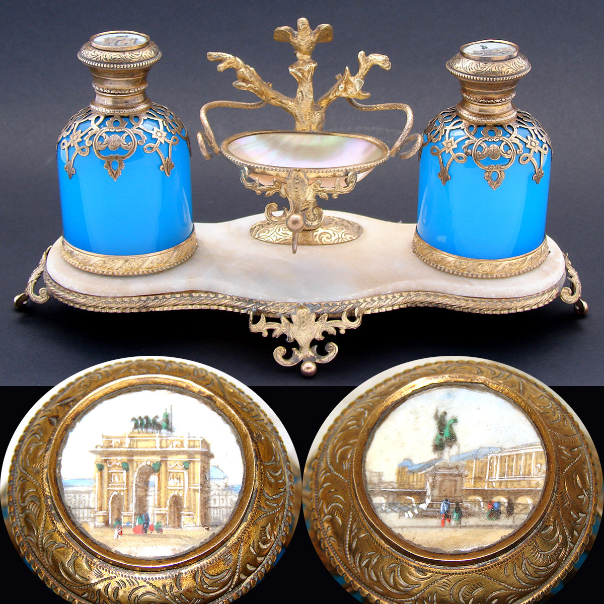 Fine Antique French Opaline Cologne Bottle Caddy, Eglomise Souvenir, Paris Vanity Stand