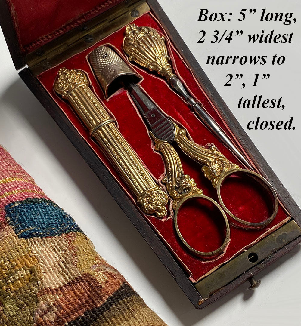 Superb Antique French Napoleon III Era Sewing Set, Box, Etui, Mother of Pearl Inlay, Ornate Tools