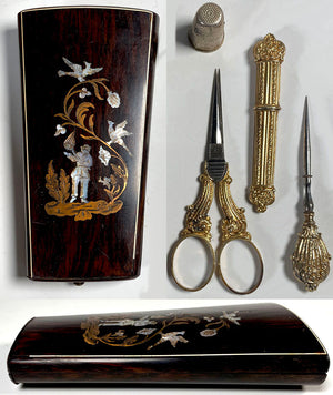 Superb Antique French Napoleon III Era Sewing Set, Box, Etui, Mother of Pearl Inlay, Ornate Tools