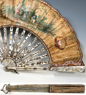 Magnificent c.1780-90 Antique French Hand Painted Fan, 27 cm Folding Fan Mother of Pearl Silver and Gold