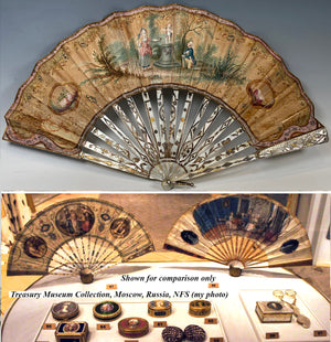 Magnificent c.1780-90 Antique French Hand Painted Fan, 27 cm Folding Fan Mother of Pearl Silver and Gold