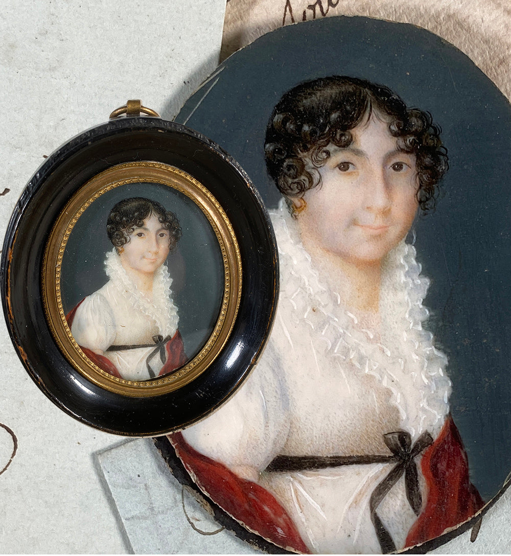 Antique French Empire to Charles X Portrait Miniature, Woman in White w Red Shawl in Easel Frame, ID & Artist