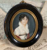 Antique French Empire to Charles X Portrait Miniature, Woman in White w Red Shawl in Easel Frame, ID & Artist