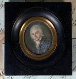 Antique 18th Century French Portrait Miniature of a Gentleman in Blue Silk Velvet Stripe Overcoat