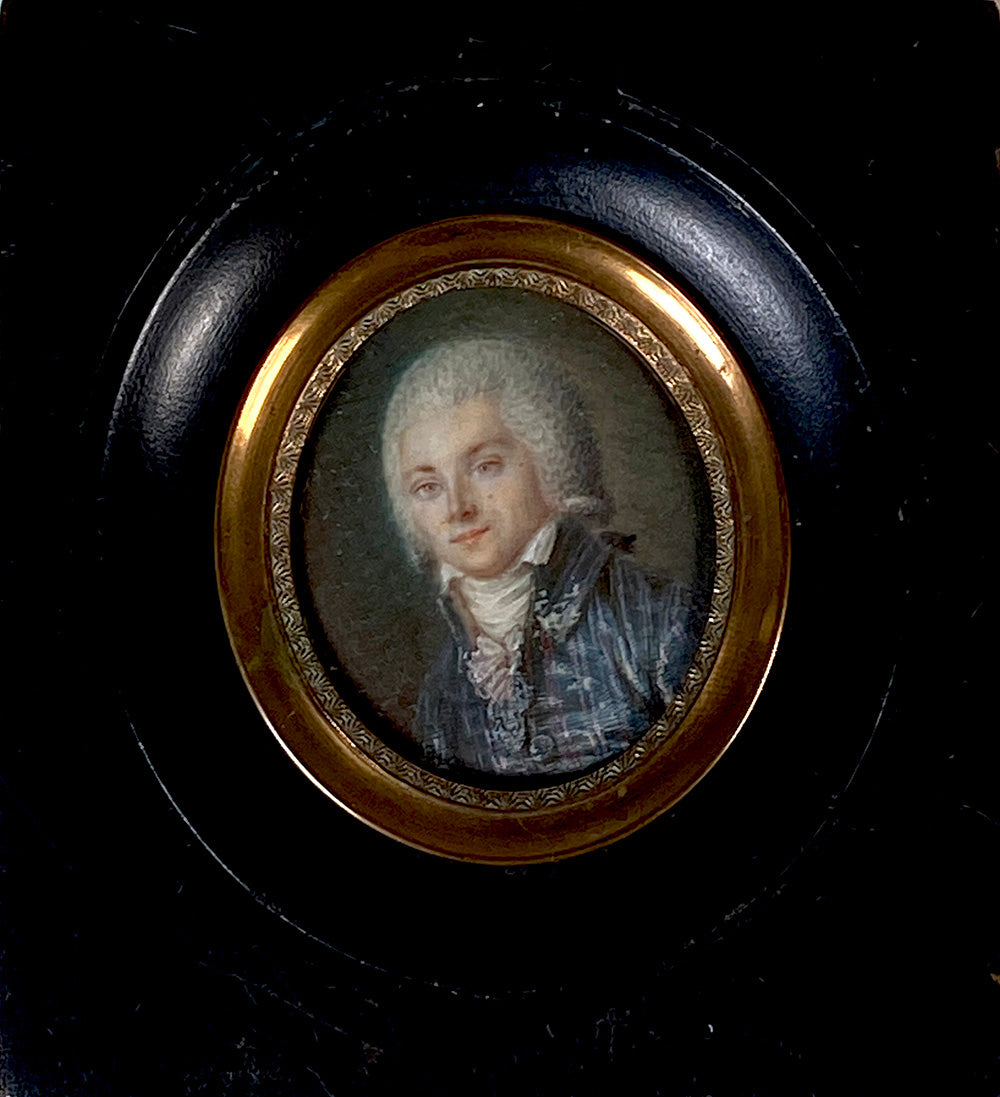 Antique 18th Century French Portrait Miniature of a Gentleman in Blue Silk Velvet Stripe Overcoat