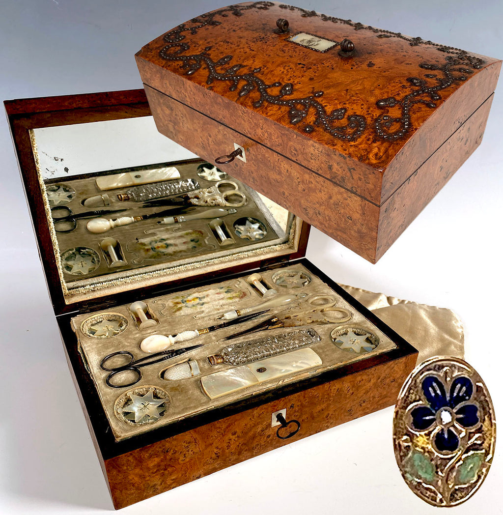 Antique French Palais Royal c.1820 9" Sewing Box, Mother of Pearl 18k Tools, Burl and Cut Steel Pique