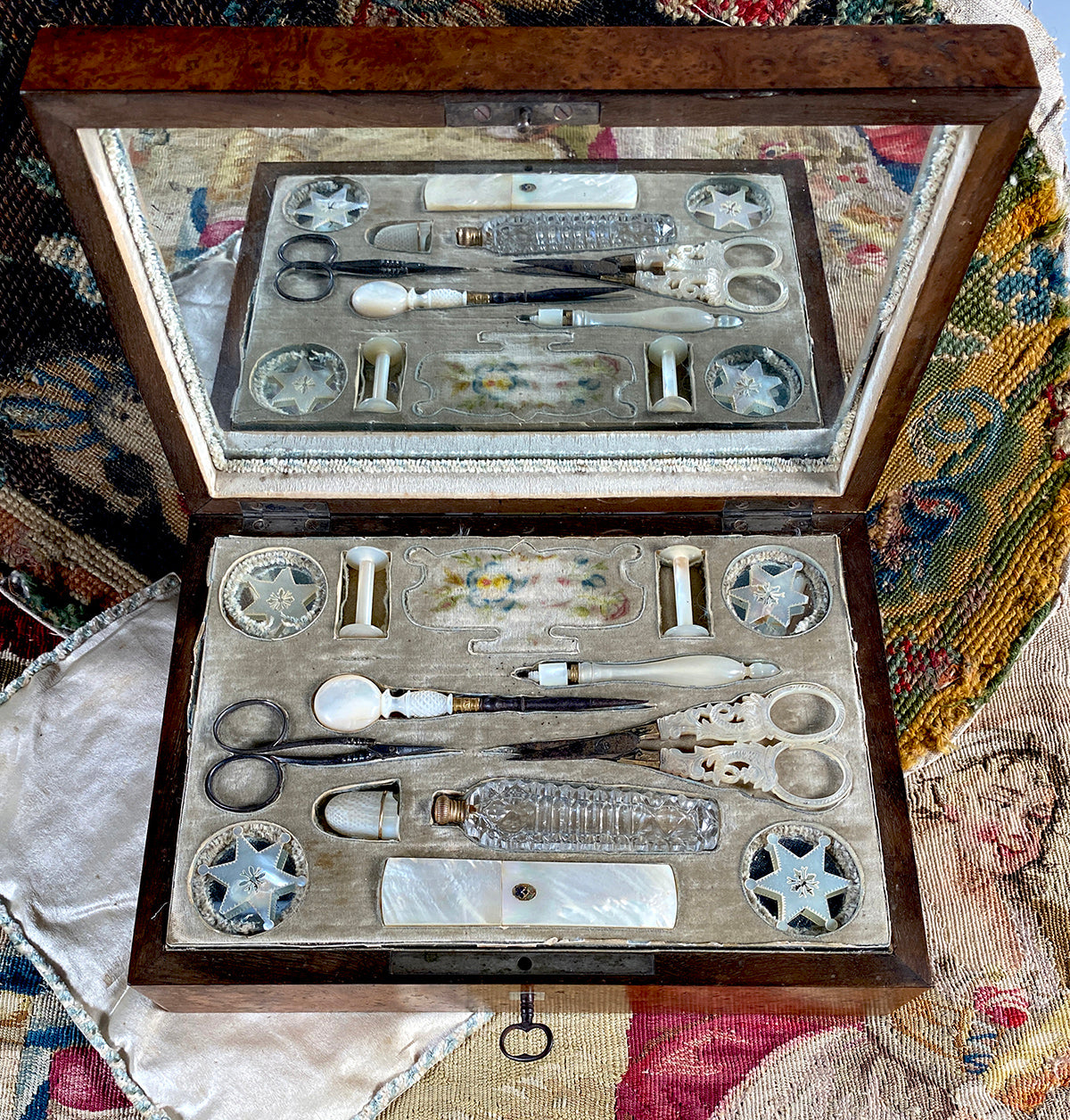Antique French Palais Royal c.1820 9" Sewing Box, Mother of Pearl 18k Tools, Burl and Cut Steel Pique