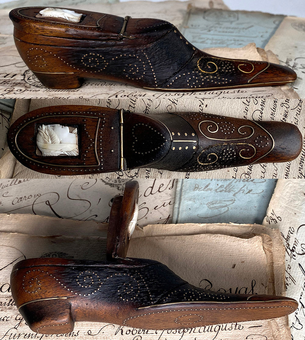 Antique French Hand Carved 5 3/4" Long Shoe or Boot Snuff Box Pique, 18th Century to Early 1800s