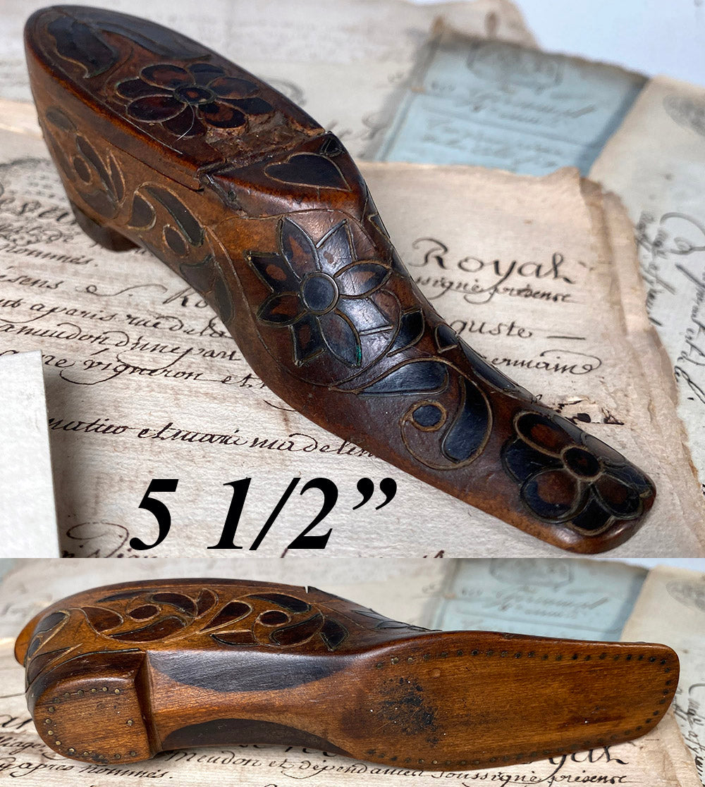 Antique French Hand Carved 5.5" Long Shoe or Boot Snuff Box Pique, Marquetry 18th Century to Early 1800s