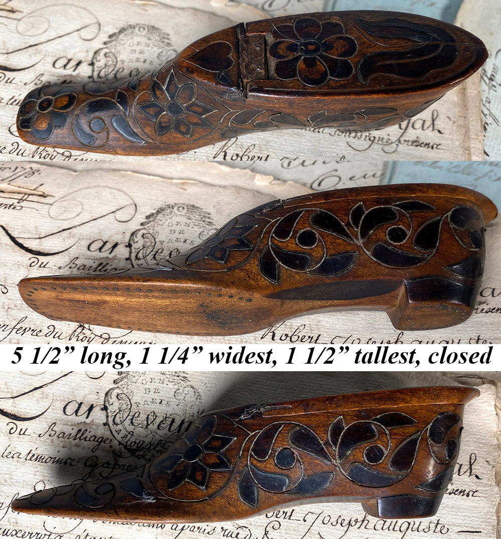 Antique French Hand Carved 5.5" Long Shoe or Boot Snuff Box Pique, Marquetry 18th Century to Early 1800s