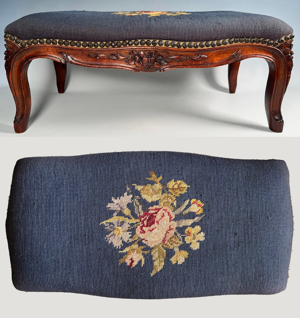 Antique to Vintage French Carved Wood Foot Stool or Bench, Needlepoint Tapestry Top, Hobnail Trim