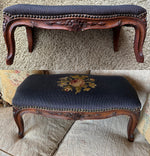 Antique to Vintage French Carved Wood Foot Stool or Bench, Needlepoint Tapestry Top, Hobnail Trim