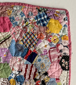 Antique French 19th Century Doll Quilt, Hand Pieced and Quilted with a Pink Trim 24.5" x 16" for Bru Bed