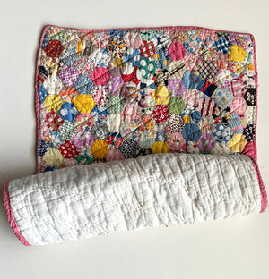 Antique French 19th Century Doll Quilt, Hand Pieced and Quilted with a Pink Trim 24.5" x 16" for Bru Bed