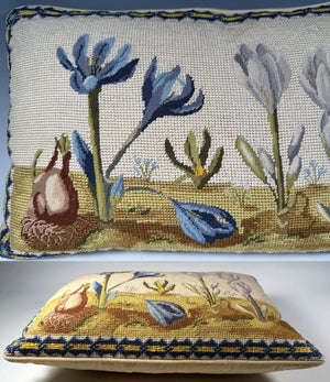 Charming Vintage Needlepoint Sofa or Throw Pillow, 16.5" x 11.5", Feather Down Fill Antique Florals