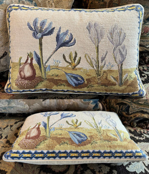 Charming Vintage Needlepoint Sofa or Throw Pillow, 16.5" x 11.5", Feather Down Fill Antique Florals