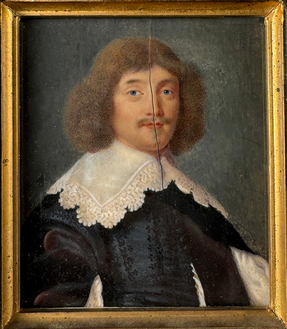 Antique French 17th Century Portrait Miniature, Lace Collar Gentleman in Black Silk Robes, 19th C Frame