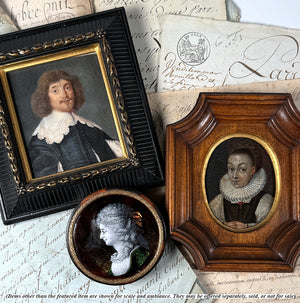 Antique French 17th Century Portrait Miniature, Lace Collar Gentleman in Black Silk Robes, 19th C Frame