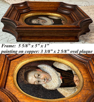 Antique French Portrait Miniature, 17th Century Oil Painting on Copper Plaque with Engraved Psyche and Cupid on Back